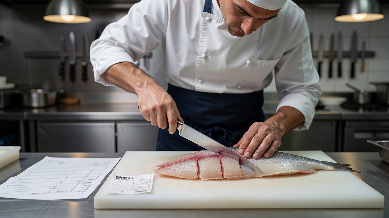Chef portioning a fish fillet with a batch label and preparation sheet beside the board