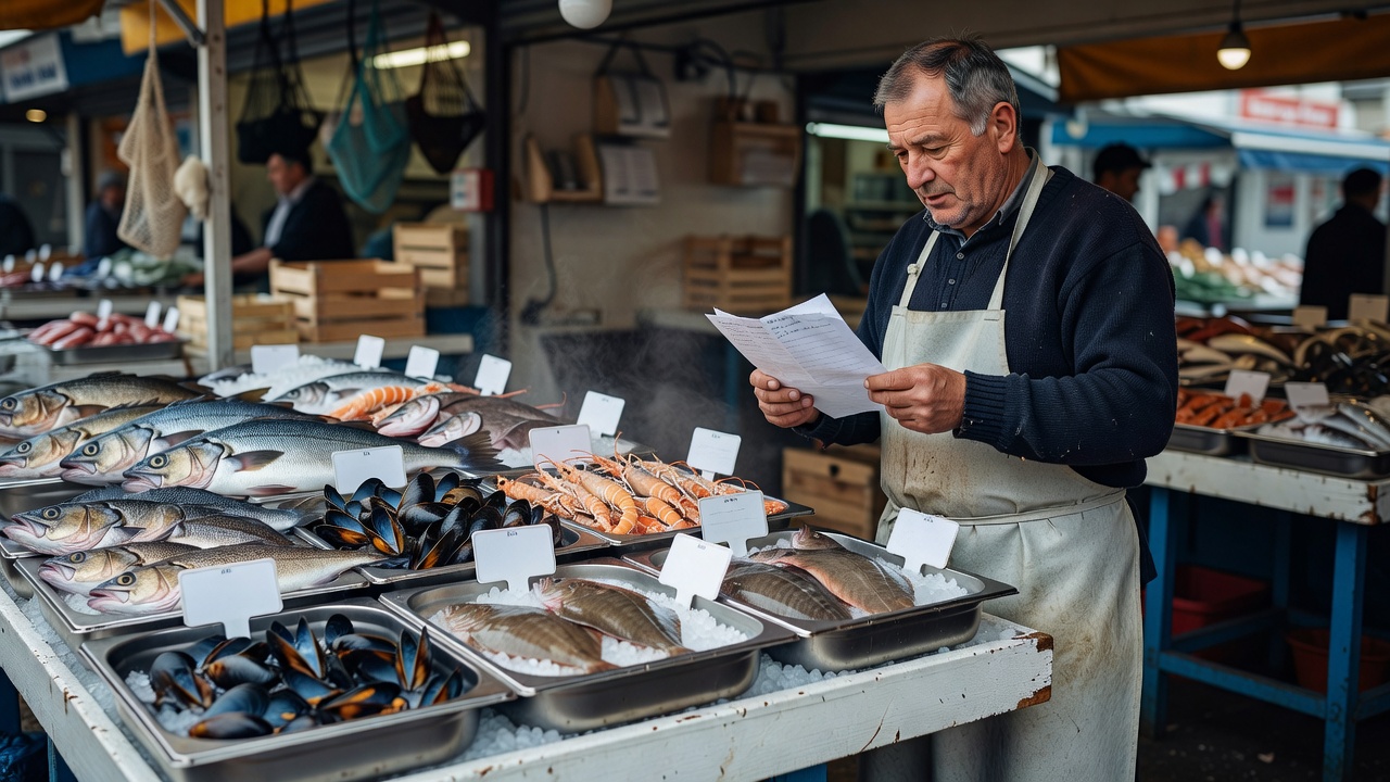 Fishmonger checking a paper delivery record beside labelled seafood trays