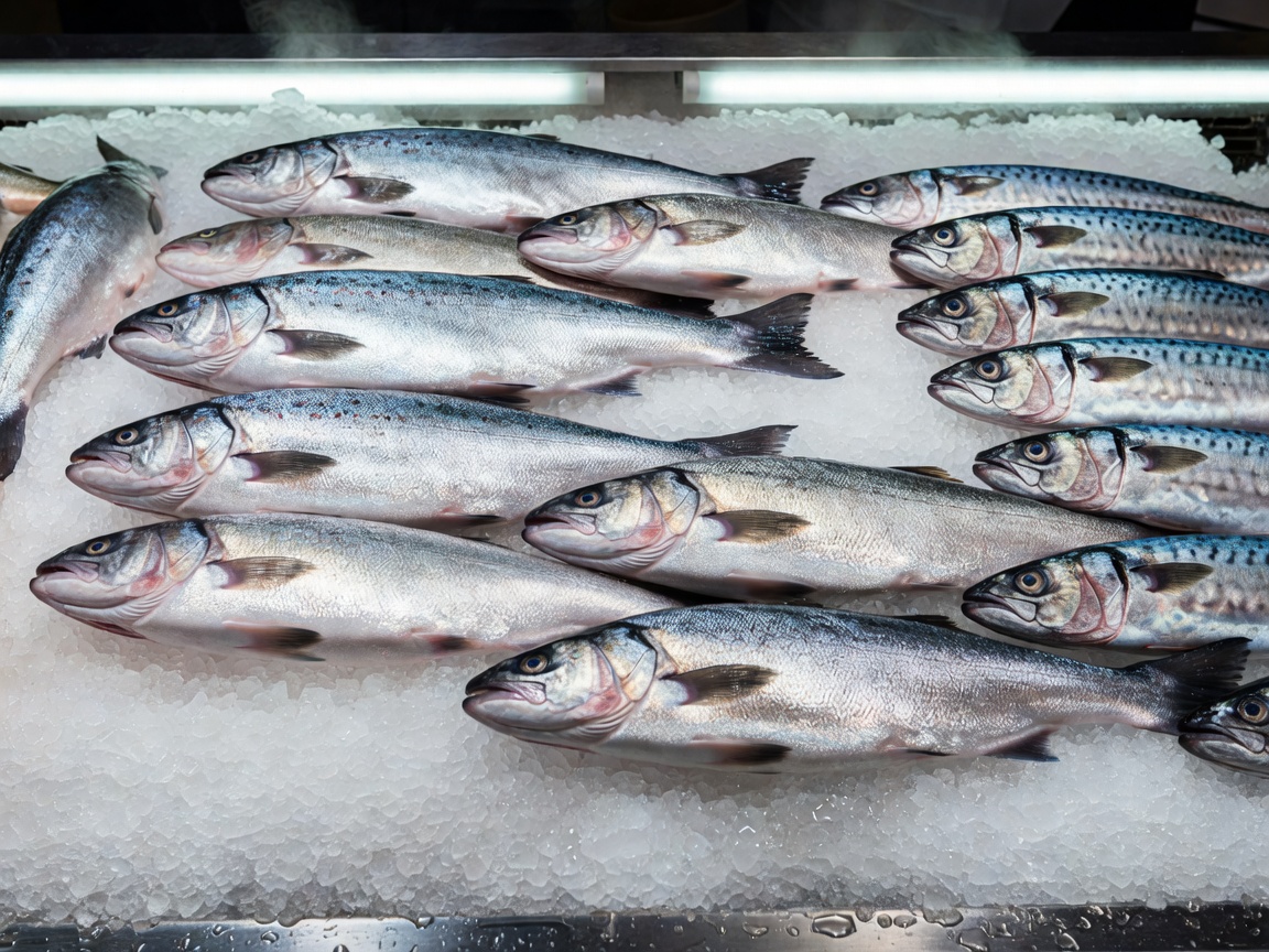 Close view of whole fish arranged on crushed ice at a seafood counter