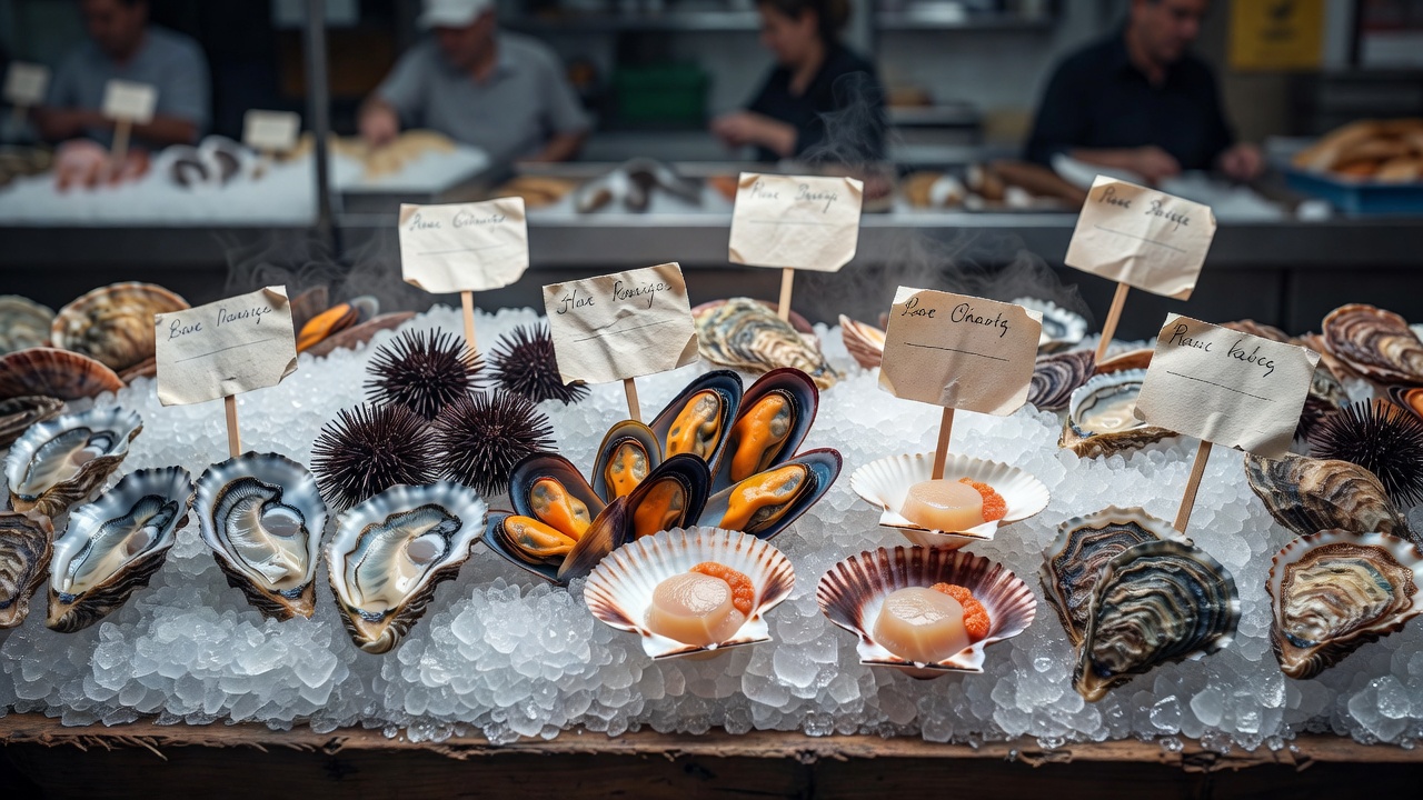 Shellfish displayed on ice beside individual handwritten market labels